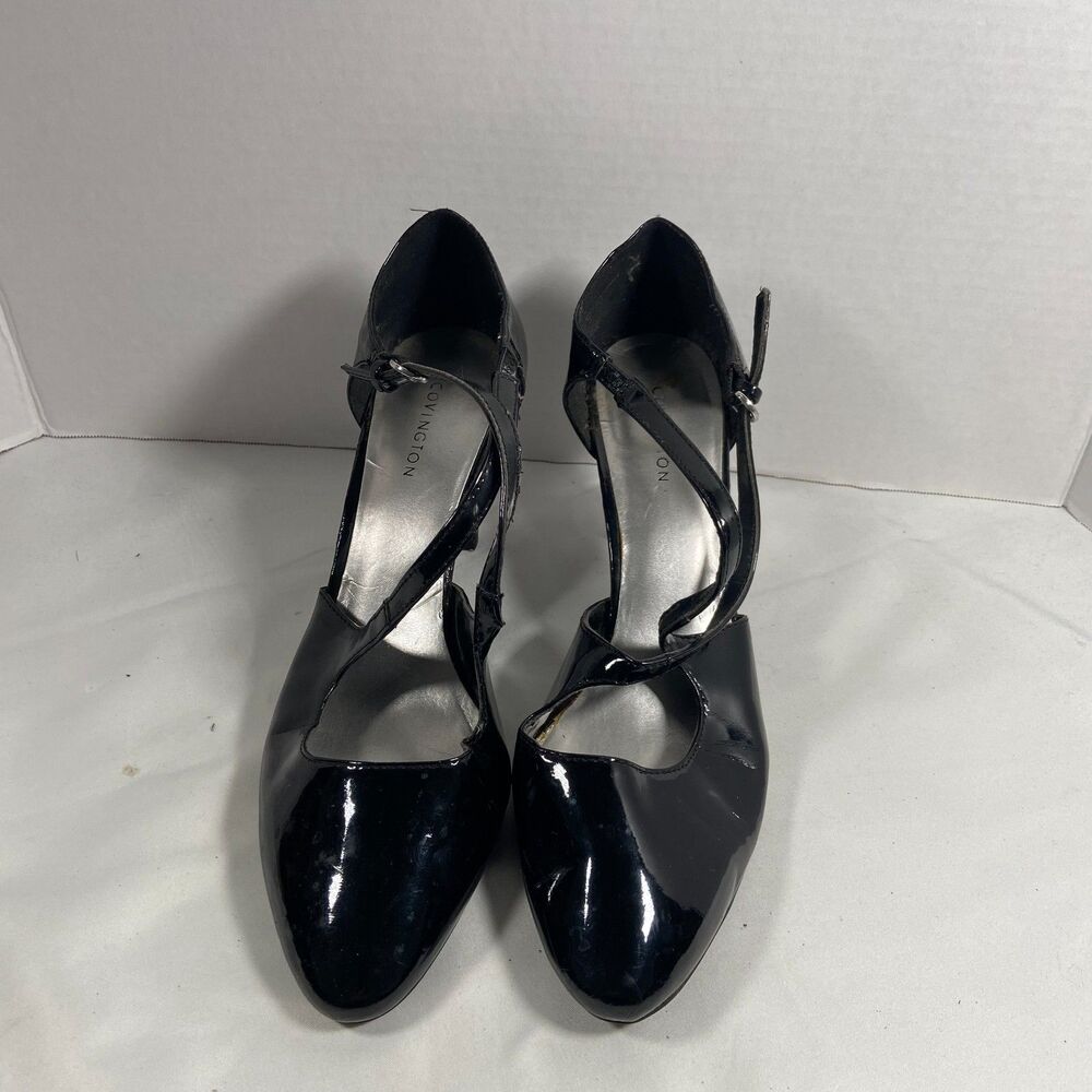 Covington Womens 7.5 Black Patent Ankle Strap Pointed Toe Pumps Heels